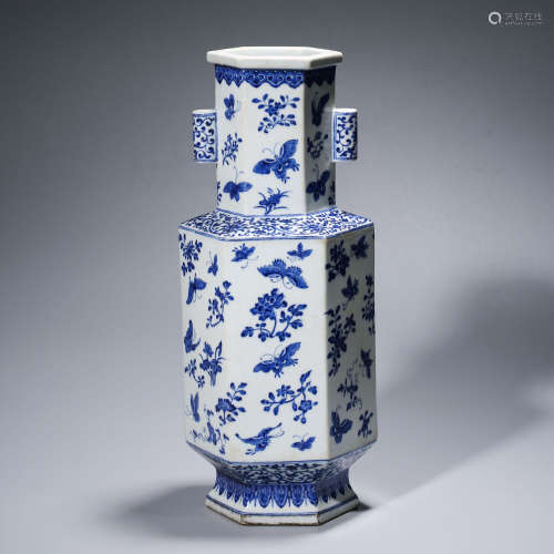 A Blue and White Butterflies Porcelain Hexagon Vase