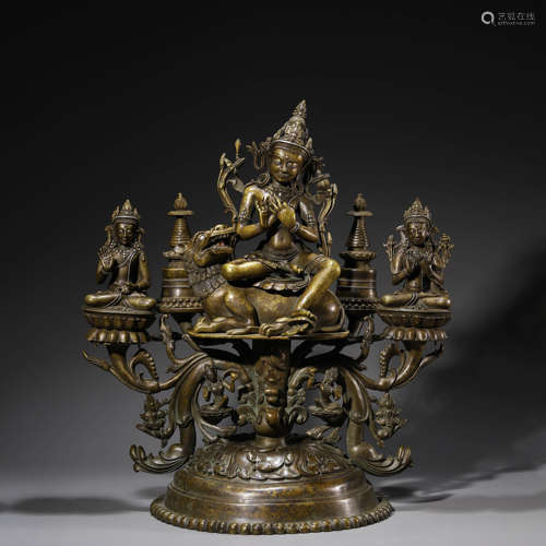 A Silver Inlaid Copper Alloy Buddha Statue of Manjusri Bodhi...