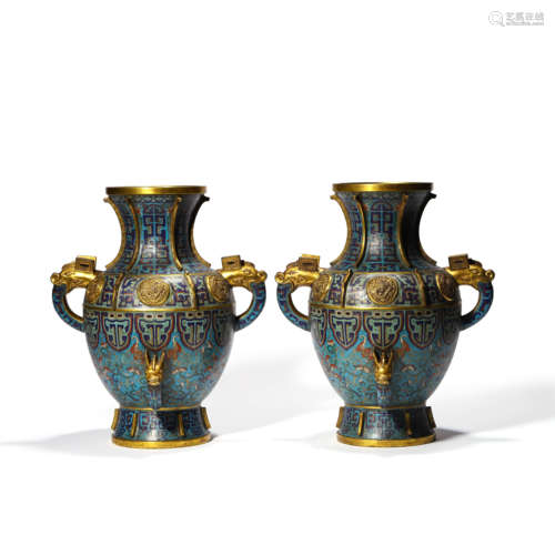 A Pair of Bronze Cloisonne Enamel Double Dragon Ears Vases