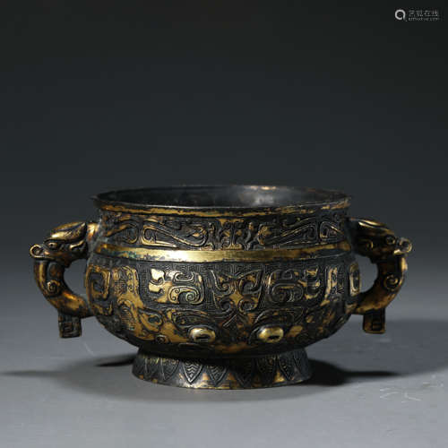 A Taotie Pattern Gild Bronze Double Ears Incense Burner