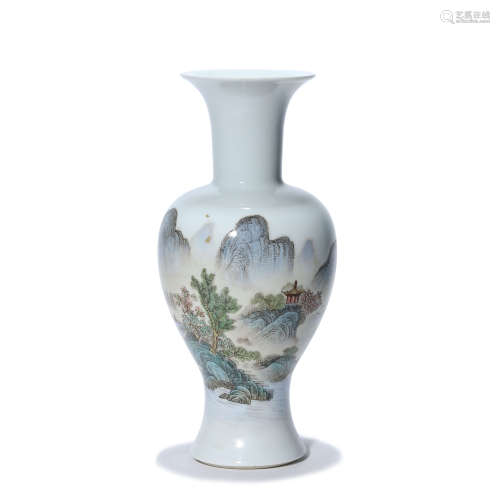 A Famille Rose Landscape Porcelain Inscribed Guanyin Vase