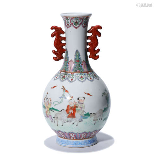 A Famille Rose Children Painted Porcelain Double Ears Vase