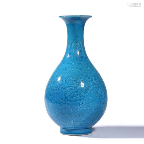 A Skyblue Glaze Dragon Pattern Carved Porcelain Vase