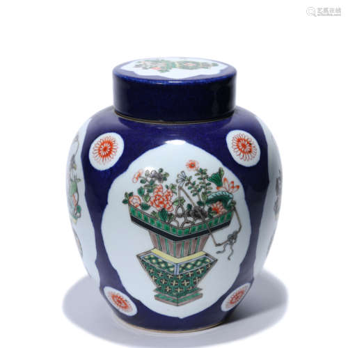 A Blue Glaze Famille Verte Floral Porcelain Jar