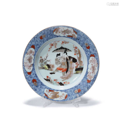 A Blue&White Gilt Inlaid Porcelain Figures Plate