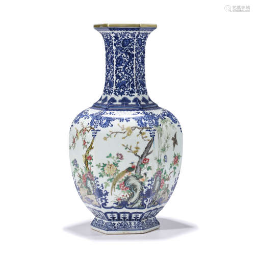 A Famille Rose Floral Porcelain Hexagon Vase