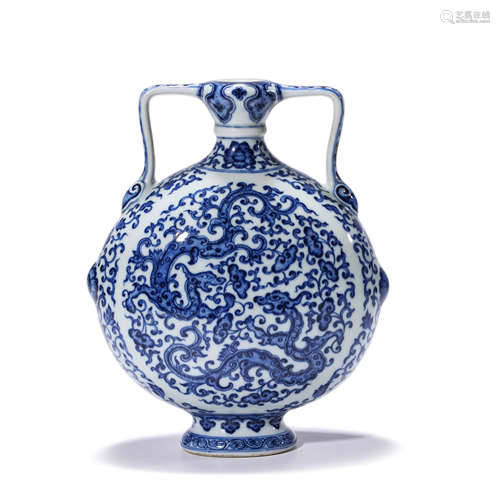 A Blue&White Floral Dragon Pattern Porcelain Moon Vase