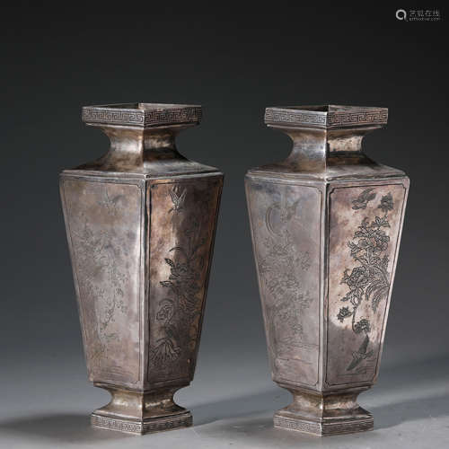 A Pair of Flower&Bird Pattern Carved Silver Rhombus Vases