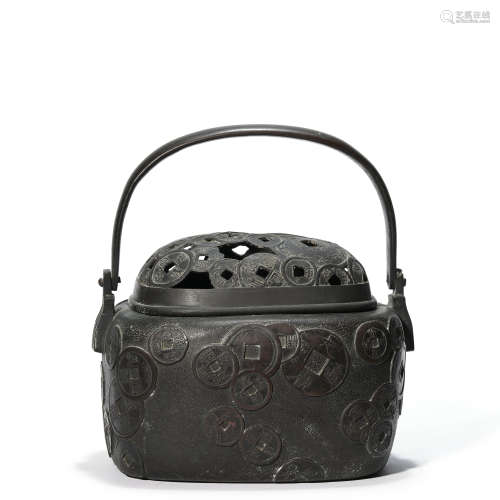 A Coins Pattern Bronze Incense Burner with Loop-handle