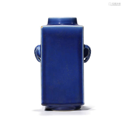 A Blue Glaze Double Ears Porcelain Cong Type Vase