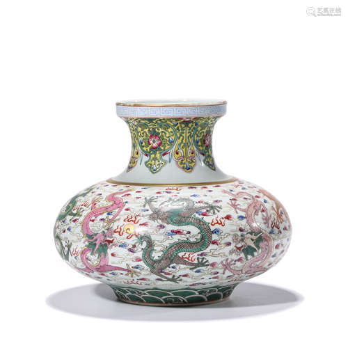 A Famille Rose Cloud&dragon Pattern Porcelain Flat Belly Vas...