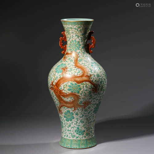 A Green Floral Iron Red Dragon Pattern Porcelain Double Ears...