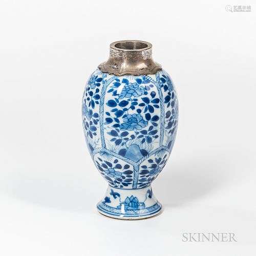 Small Blue and White Vase with White Brass Mouth