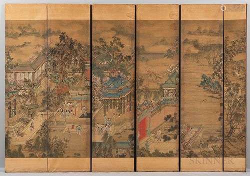 Six Hanging Scroll Panels Depicting a Banquet Scene