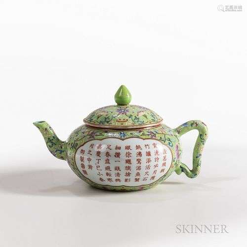 Lime Green-ground Famille Rose Teapot