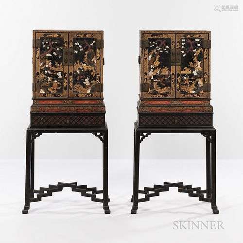 Pair of Gilt and Lacquered Two-door Cabinets on Stands