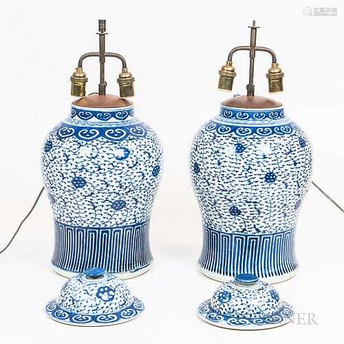 Two Pairs of Covered Jars Mounted as Lamps