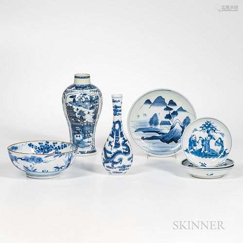 Seven Blue and White Ceramic Items