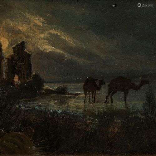 Cherubino Patà (1827-1899) Tigre et dromadaires, huile sur p...