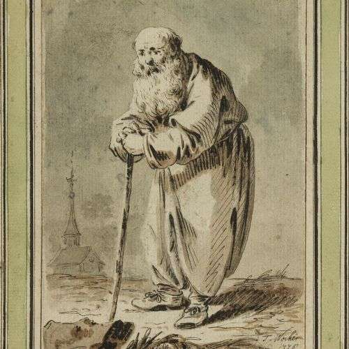 Tiberius Dominikus Wocher (1728-1799) Pélerin, lavis d'encre...