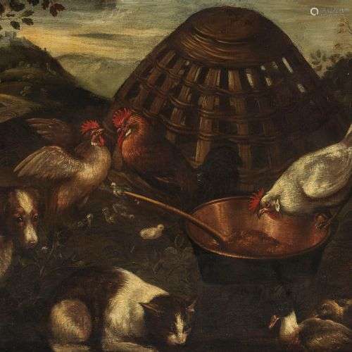 Leandro Bassano (1567-1622) Basse-cour avec chien, poules, h...