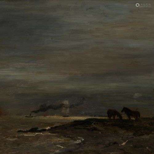 Jules Hereau (1839-1879) Chevaux au bord de la Tamise, huile...