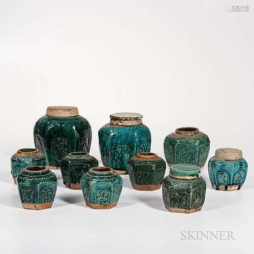 Ten Shiwan-style Green-glazed Pottery Jars