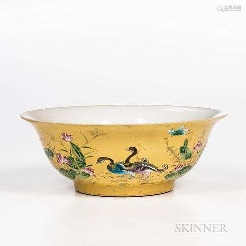 Large Polychrome Enameled Yellow-ground Bowl