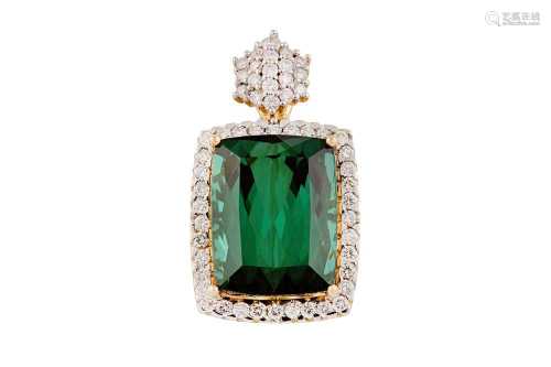 A green tourmaline, gold and diamond pendant