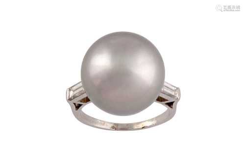 A cultured pearl and diamond ring