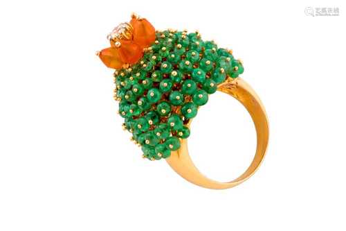 An emerald, fire opal and diamond bombé ring