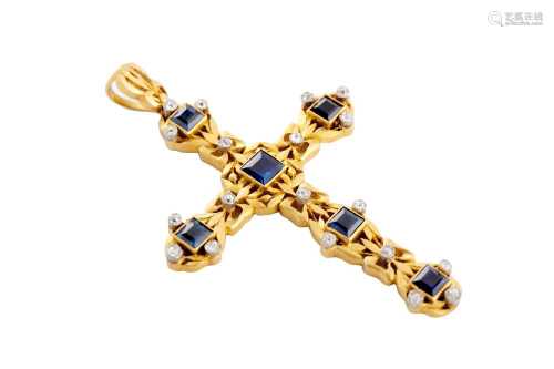 A sapphire and diamond cross pendant, circa 1910