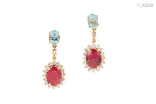 A pair of pink tourmaline, aquamarine and diamond pendent ea...