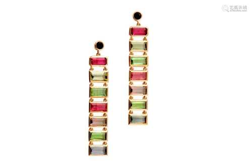 A pair of multi-coloured tourmaline pendent earrings