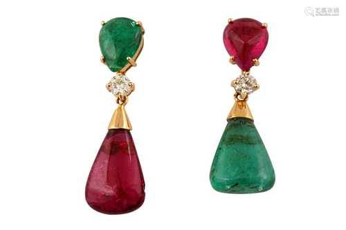 A pair of pink tourmaline, emerald and diamond earrings