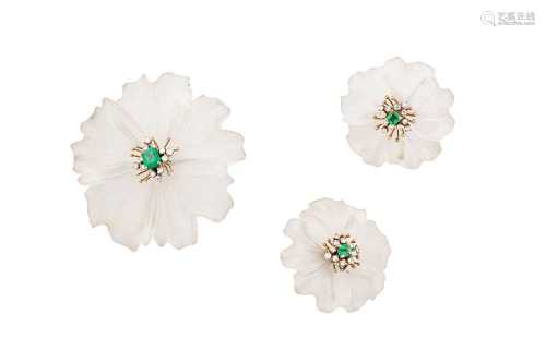 An emerald, rock crystal and diamond flower brooch and earcl...