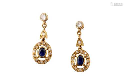 A pair of sapphire and diamond pendent earrings