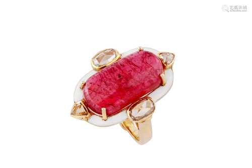 A spinel, enamel and diamond dress ring