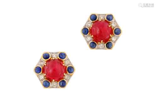 A pair of spinel, sapphire and diamond earstuds