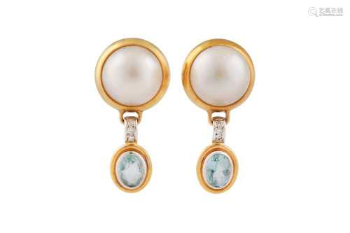 A pair of mabé pearl, diamond and aquamarine earrings