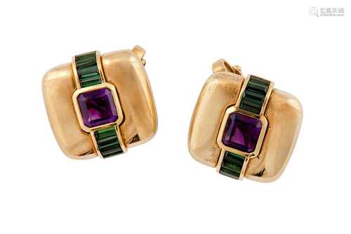 A pair of amethyst and green tourmaline earclips