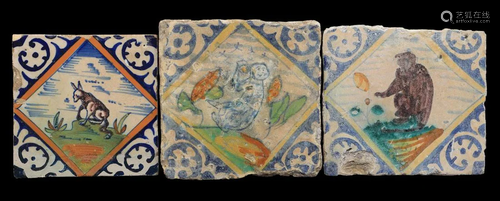 3 glazed earthenware square tiles