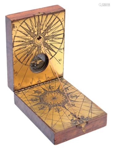Wooden box with compass sundial on brass