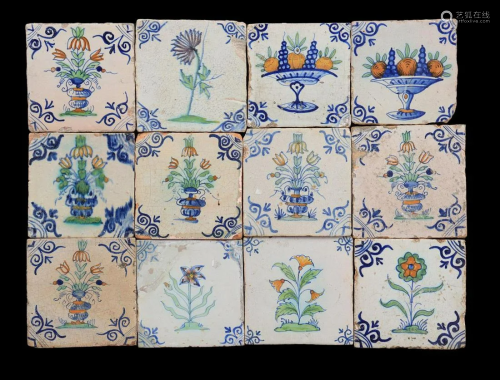 12 glazed earthenware tiles