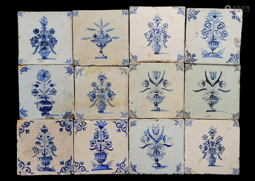 12 glazed earthenware tiles