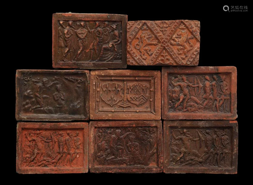 8 terracotta relief tiles with scenes of battles