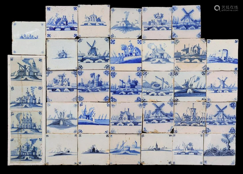 30 glazed earthenware tiles and tile field