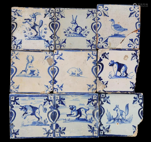 9 glazed earthenware tiles