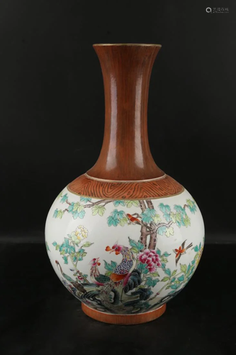 IMITATION WOOD-GRAIN GLAZED 'BIRD AND FLOWER' VASE