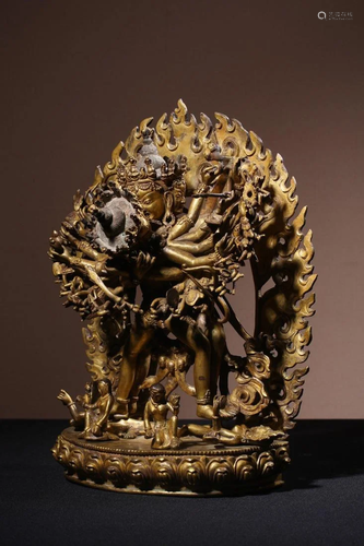 TIBETAN GILT BRONZE FIGURINE OF GUHYASAMAJA